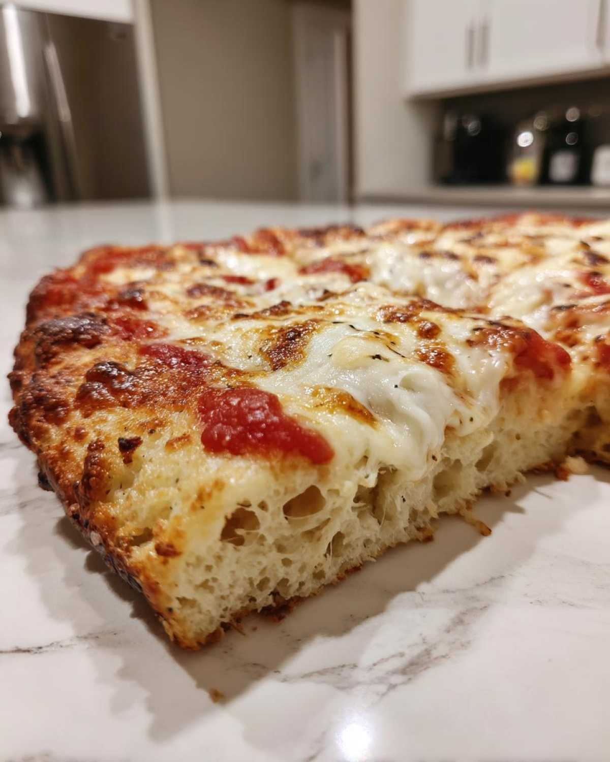 Close-up of a thick slice of pizza showing the fluffy texture of the keto pizza crust topped with melted cheese and sauce.