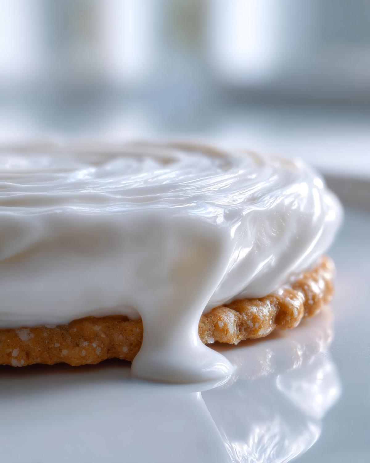 Close-up of a thick, glossy white sugar cookie icing being poured or drizzled onto a golden-brown sugar cookie.