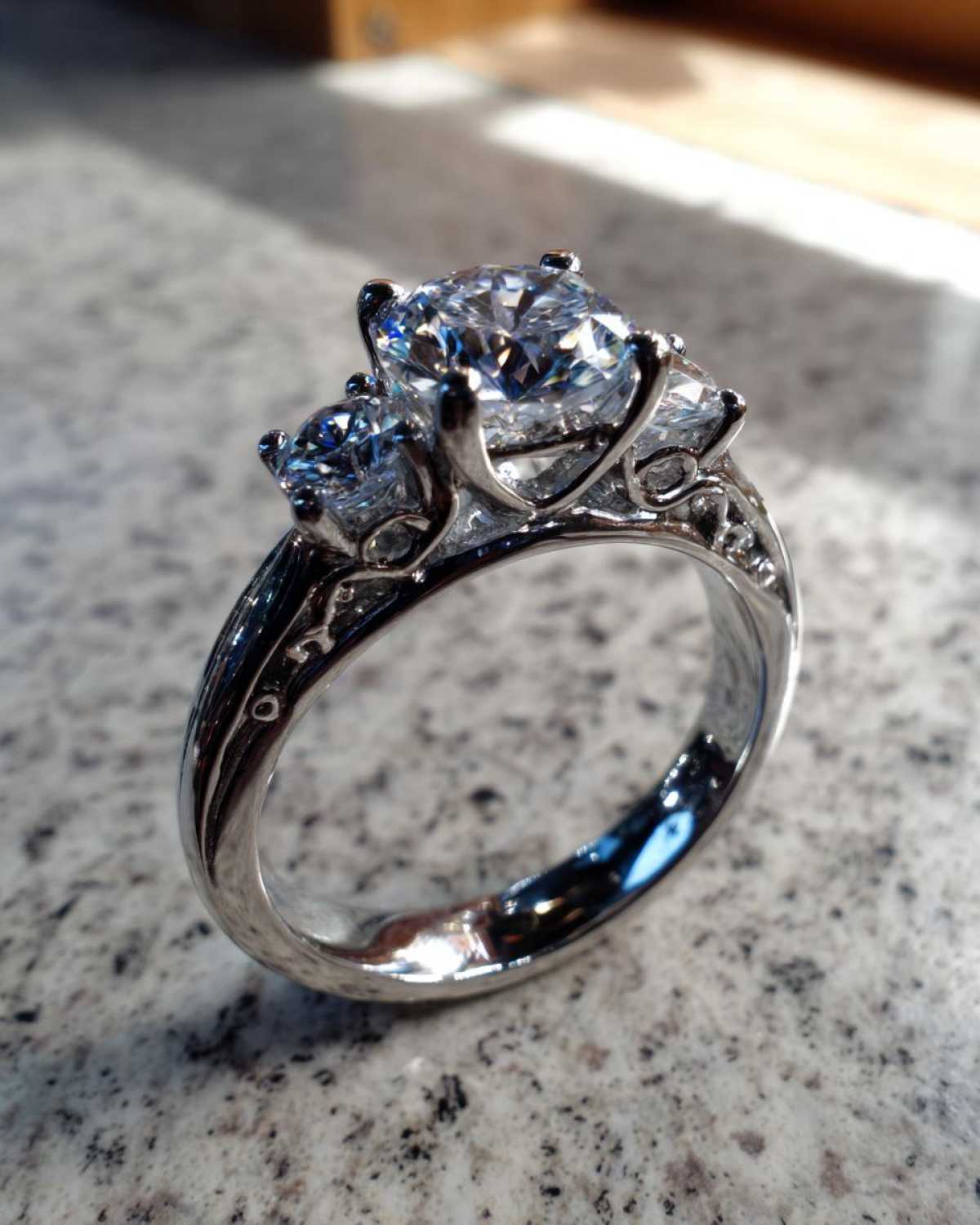 Close-up of an ornate three-stone ring featuring a large center diamond, perfect for those looking to Create Your Dream Ring.