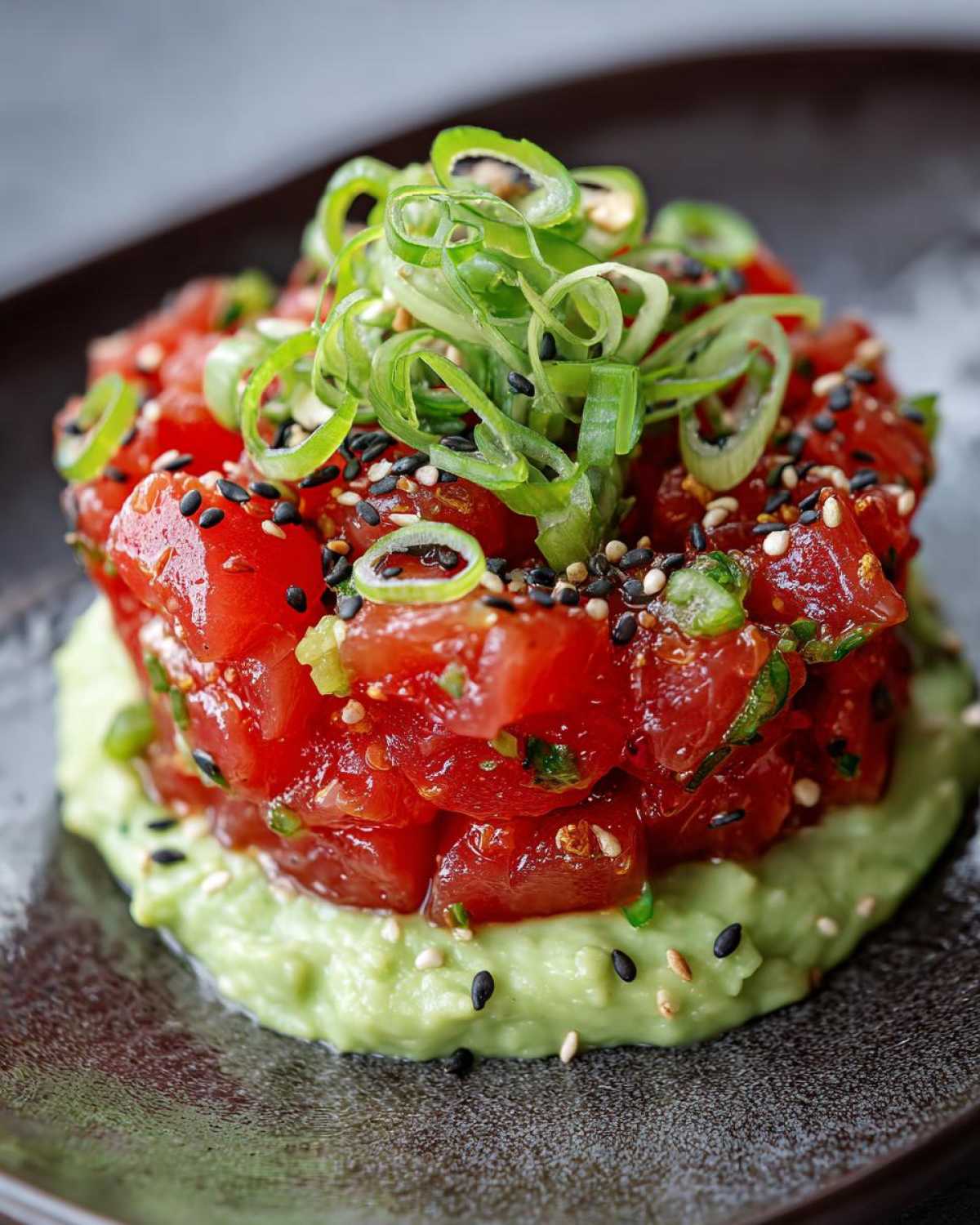 Close-up of vibrant red tuna tartare stacked on creamy avocado, garnished with scallions and sesame seeds.