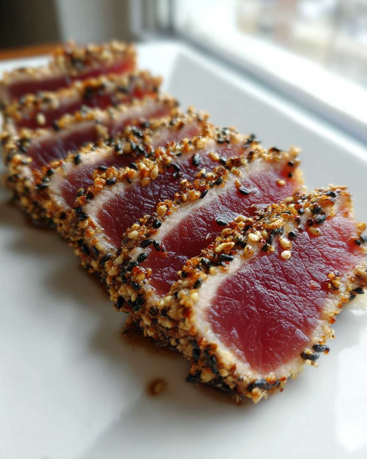 Close-up of sliced tuna tataki, featuring a bright red center and a thick crust of black and white sesame seeds.