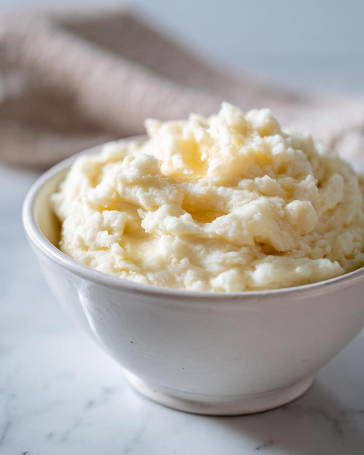 Close-up of creamy, fluffy mashed potatoes in a white bowl, topped with melted butter.