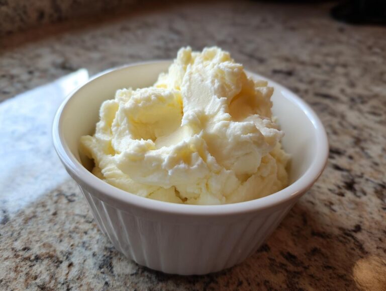 Ultimate 4-Step mashed potatoes flavor bomb A white bowl filled with creamy, fluffy mashed potatoes sitting on a granite countertop.