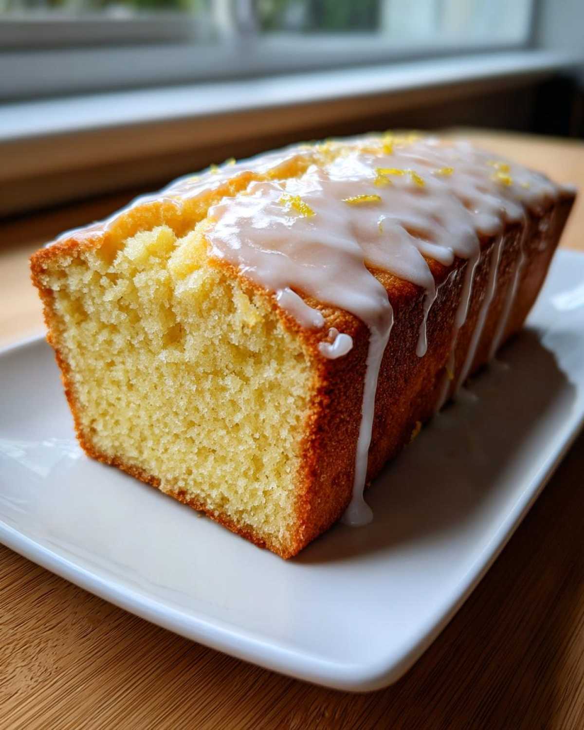 A close-up of a loaf of moist Vegan Lemon Olive Oil Cake topped with white glaze and lemon zest.
