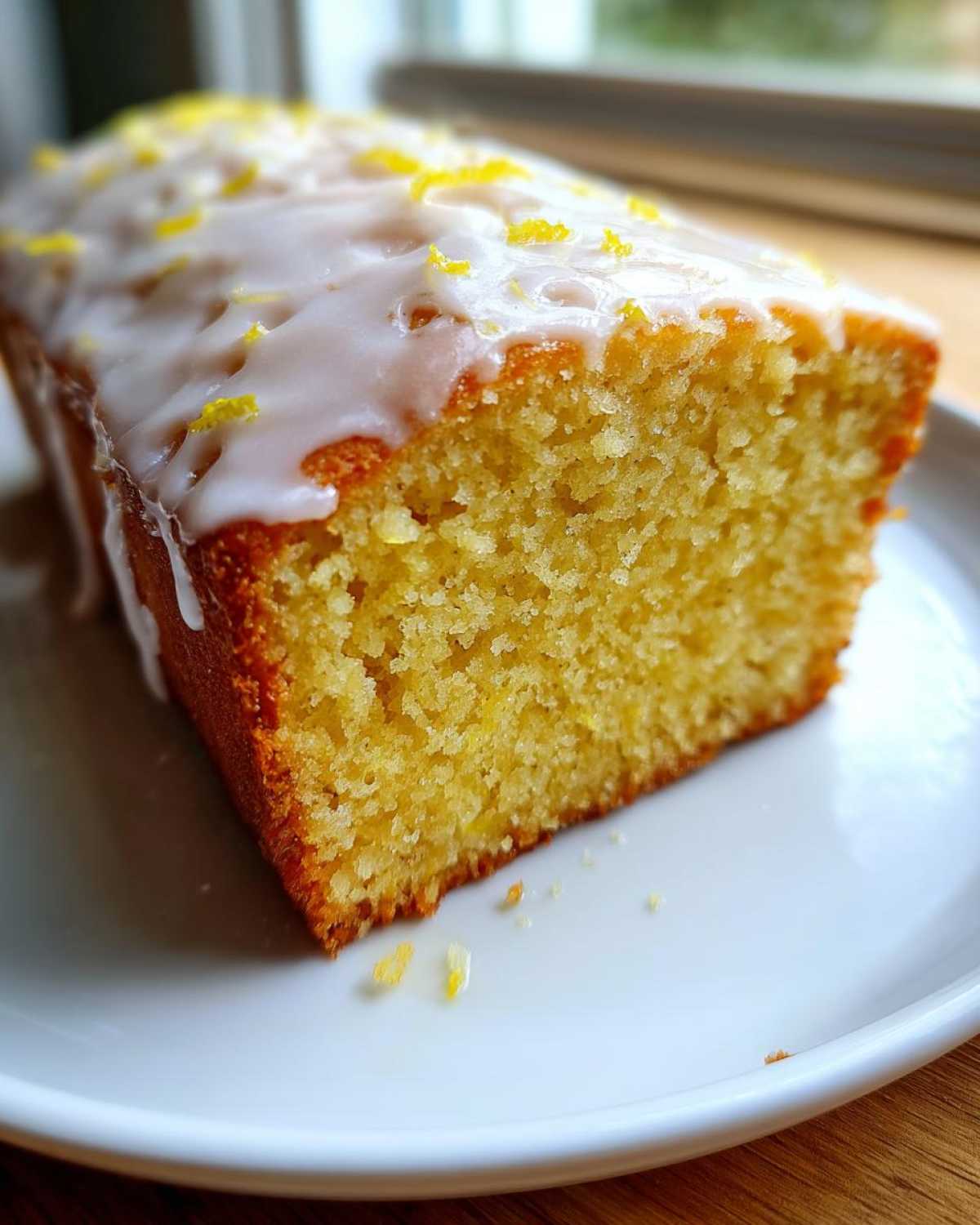Close-up of a moist slice of Vegan Lemon Olive Oil Cake topped with white glaze and lemon zest.