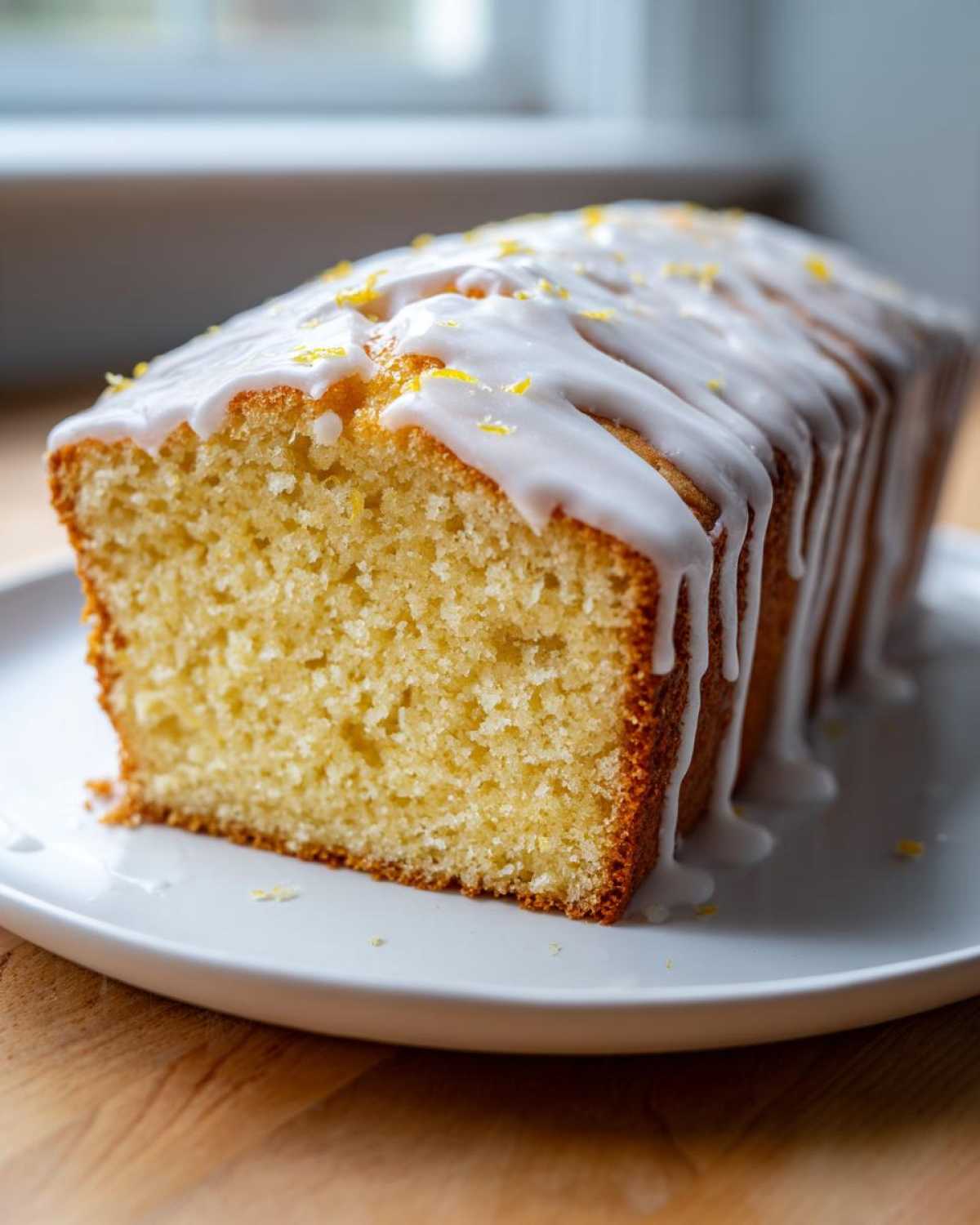 A close-up of a slice of moist Vegan Lemon Olive Oil Cake drizzled with white lemon glaze and topped with zest.