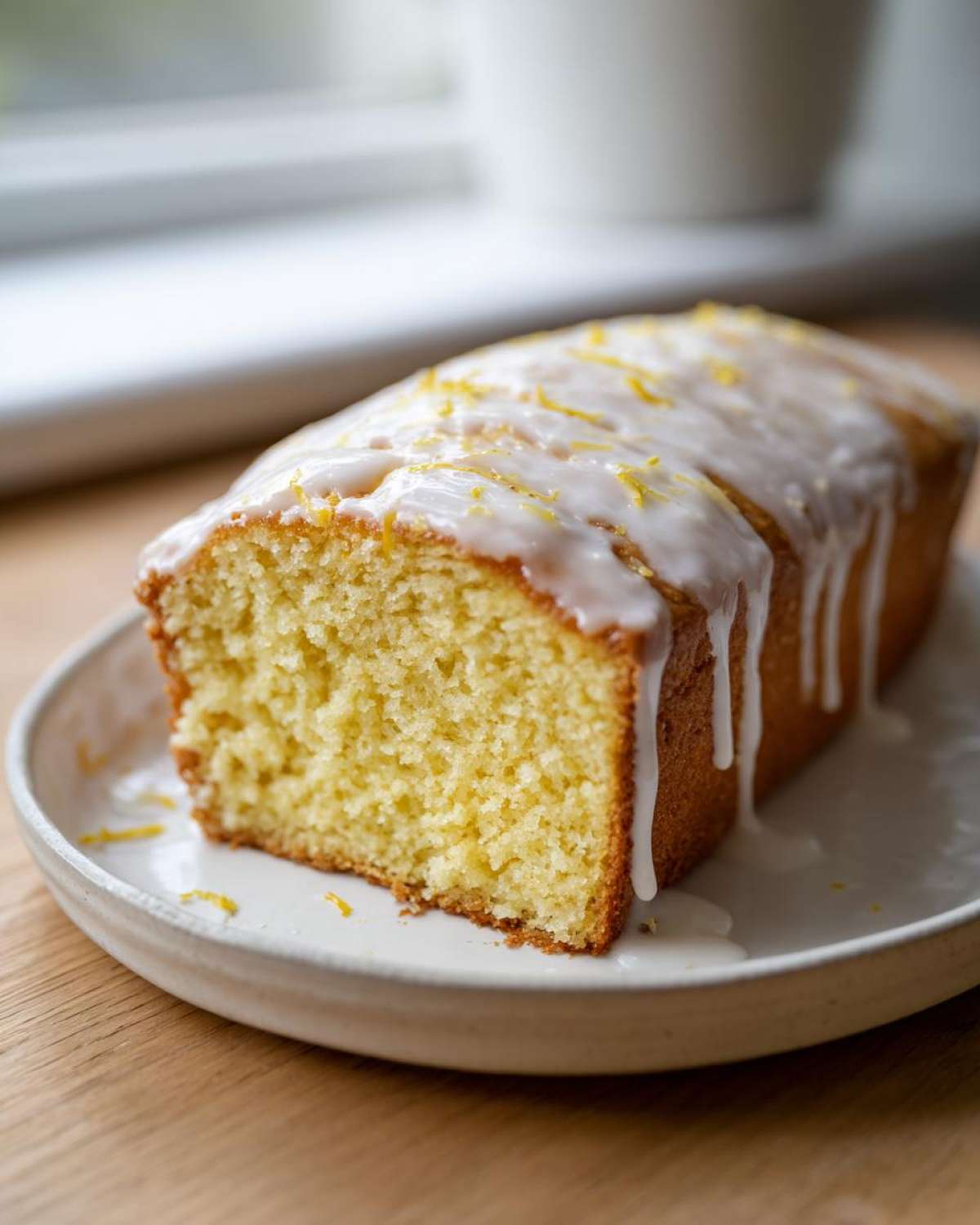 A close-up of a slice of moist Vegan Lemon Olive Oil Cake topped with white glaze and lemon zest.