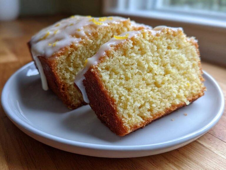 Two slices of moist Vegan Lemon Olive Oil Cake topped with white glaze and lemon zest.