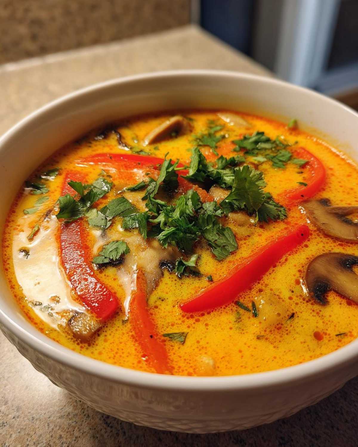 Close-up of a creamy, yellow coconut curry soup topped with red pepper strips, mushrooms, and fresh cilantro.