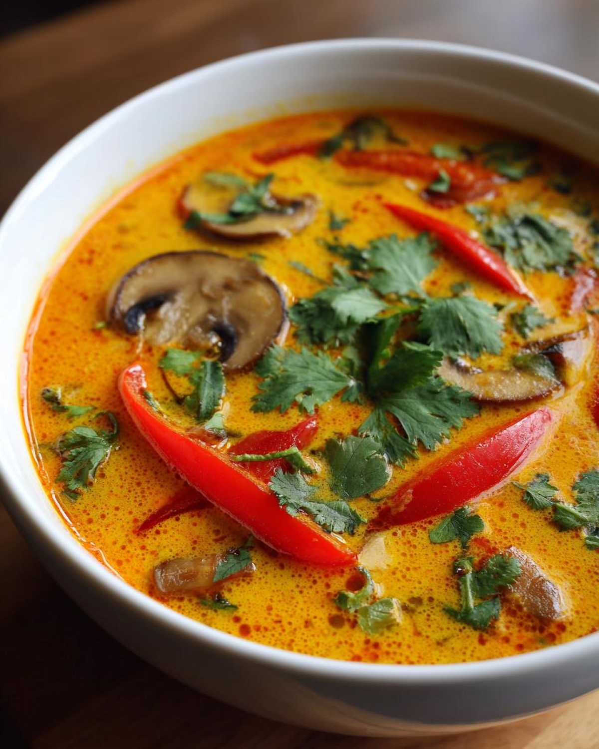 Close-up of a rich, yellow coconut curry soup garnished with sliced mushrooms, fresh cilantro, and bright red chili peppers.