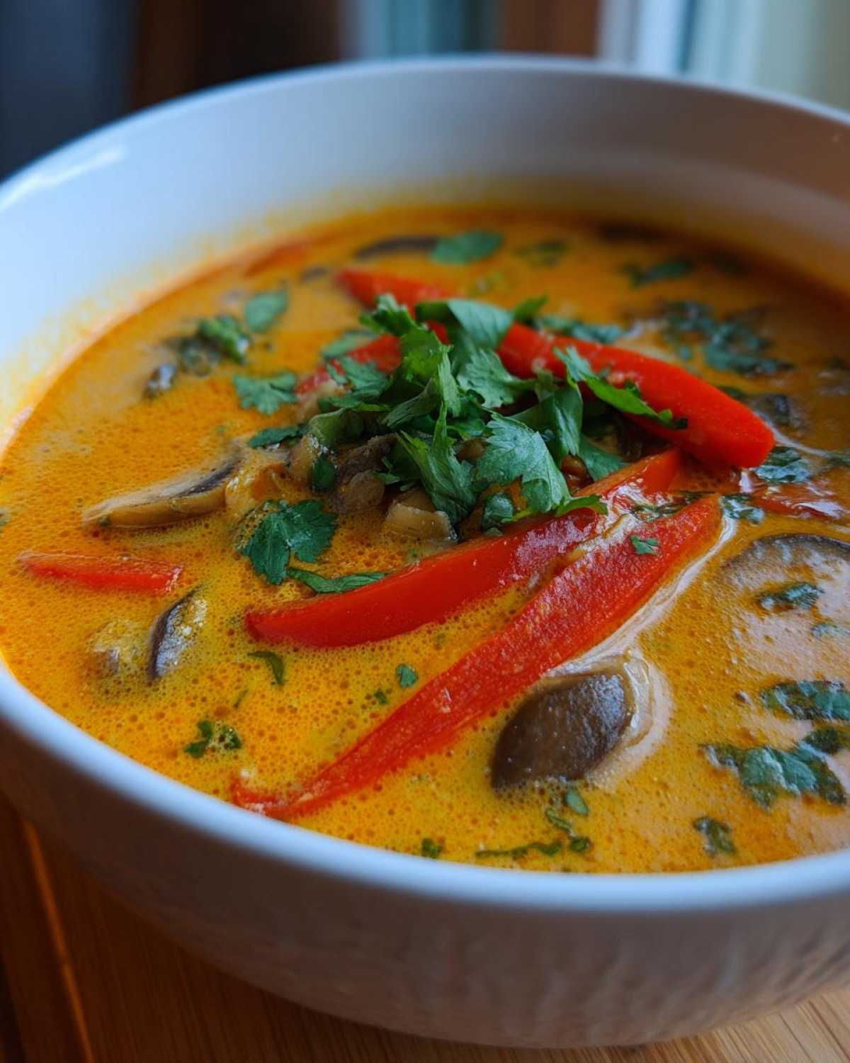 A close-up view of a vibrant, orange-yellow coconut curry soup topped with sliced red peppers, mushrooms, and fresh cilantro.