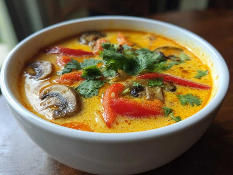 A close-up view of a rich, yellow coconut curry soup topped with sliced mushrooms, red bell peppers, and fresh cilantro.