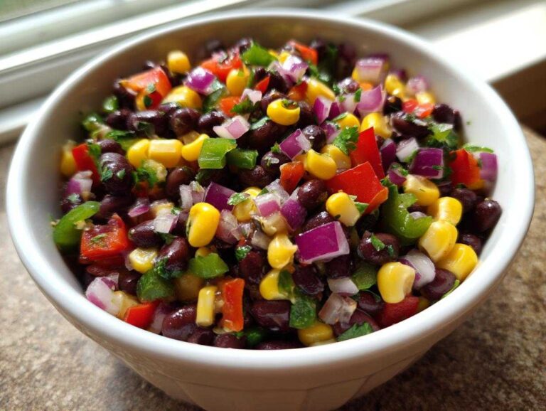 Close-up of a white bowl filled with colorful Cowboy Caviar featuring black beans, corn, red onion, and peppers.
