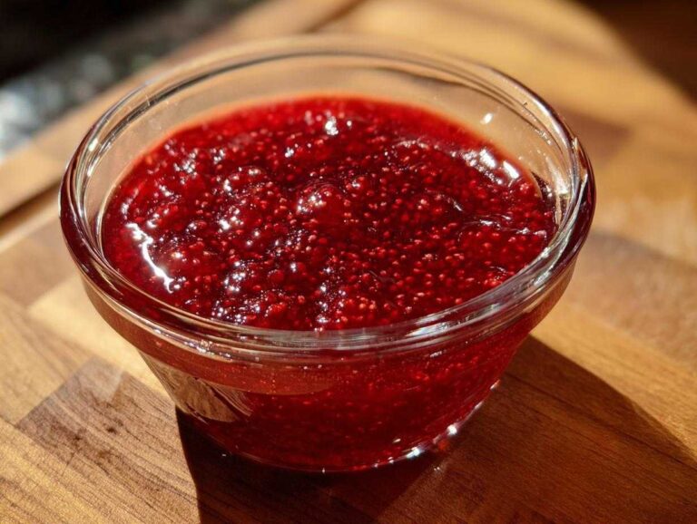 Close-up of vibrant, seed-filled raspberry jam in a clear glass bowl set on a wooden surface.