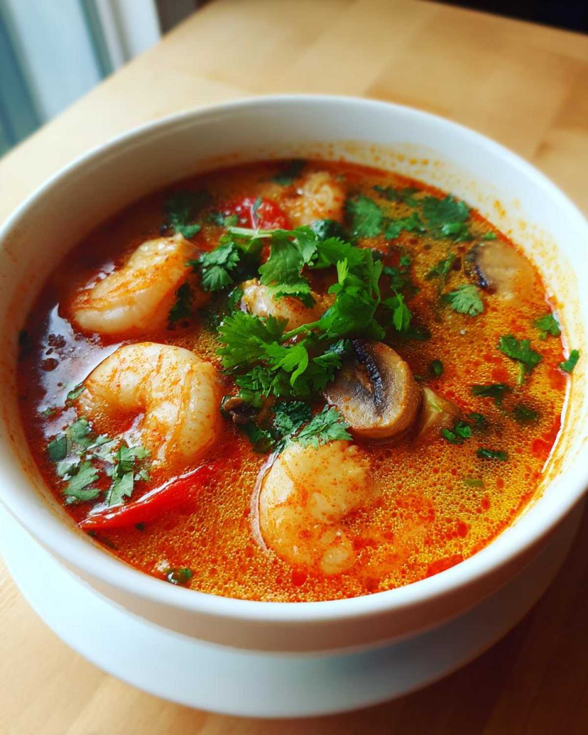 Close-up of a steaming bowl of vibrant red-orange tom yum soup featuring large shrimp and sliced mushrooms, garnished with fresh cilantro.