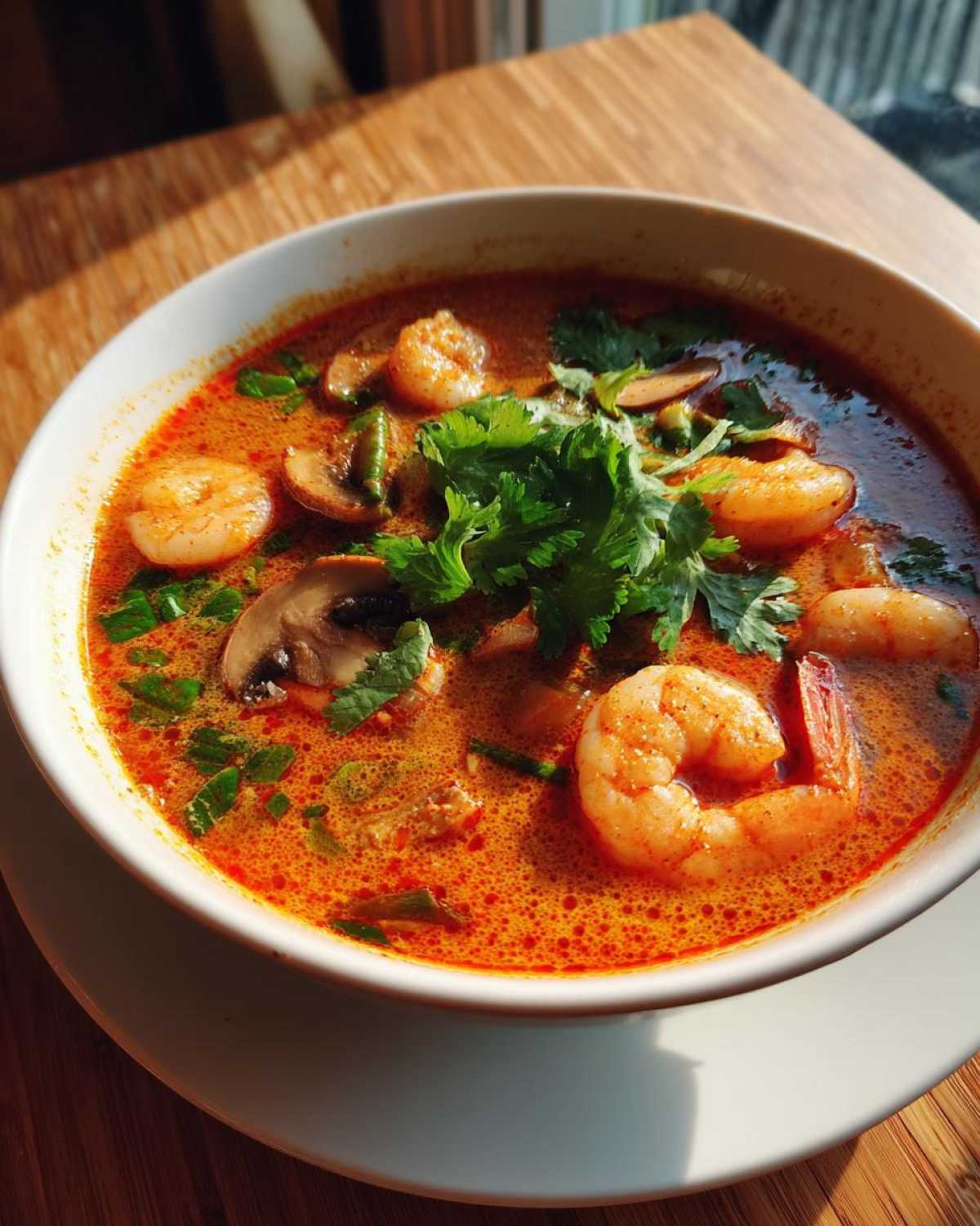 Close-up of a vibrant, spicy bowl of tom yum soup featuring large shrimp, mushrooms, and fresh cilantro garnish.