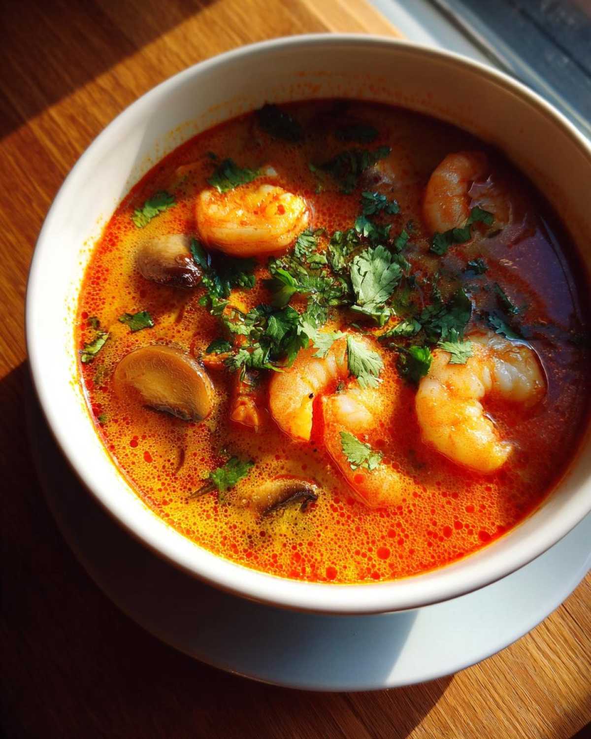 A close-up, overhead shot of a steaming bowl of bright orange tom yum soup featuring large shrimp and sliced mushrooms, garnished with cilantro.
