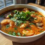 A close-up of a white bowl filled with rich, orange-red tom yum soup featuring plump shrimp and sliced mushrooms, garnished with fresh cilantro.