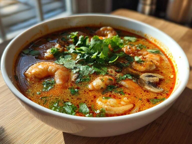 A close-up of a white bowl filled with rich, orange-red tom yum soup featuring plump shrimp and sliced mushrooms, garnished with fresh cilantro.