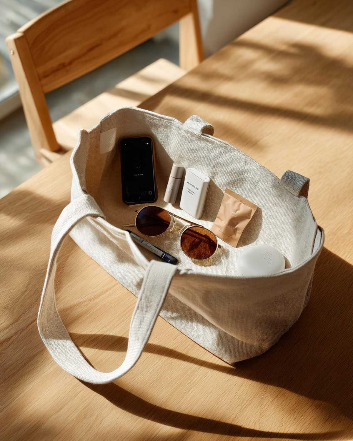Overhead view of essential items spilling out of a canvas tote bag, illustrating what's in your spring bag.