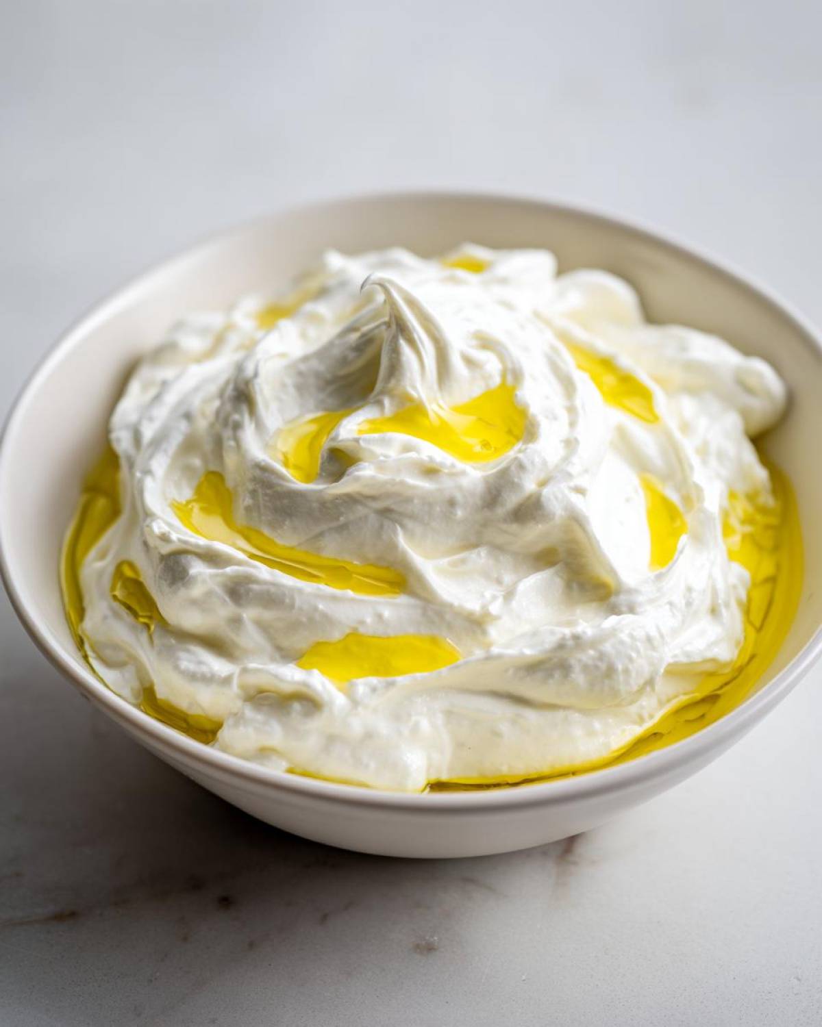 Close-up of a white bowl filled with fluffy whipped feta dip, topped generously with bright yellow olive oil.