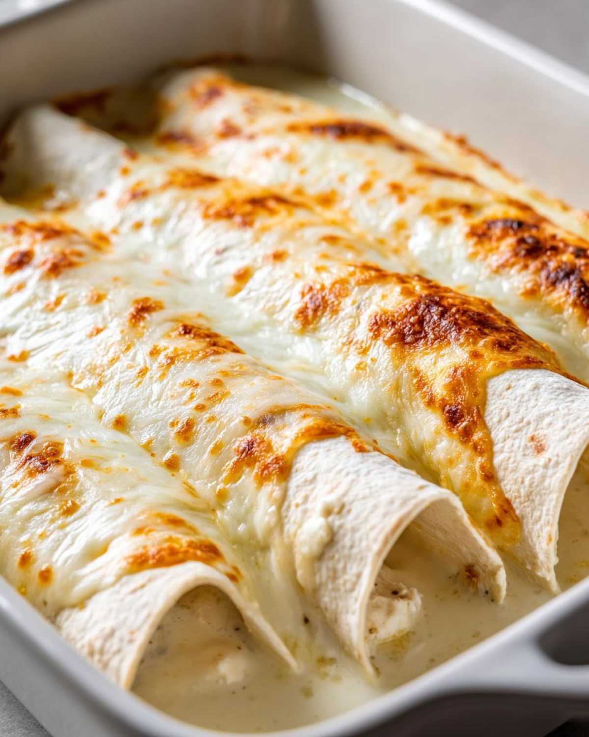 Close-up of baked white chicken enchiladas covered in bubbly, melted white cheese sauce.