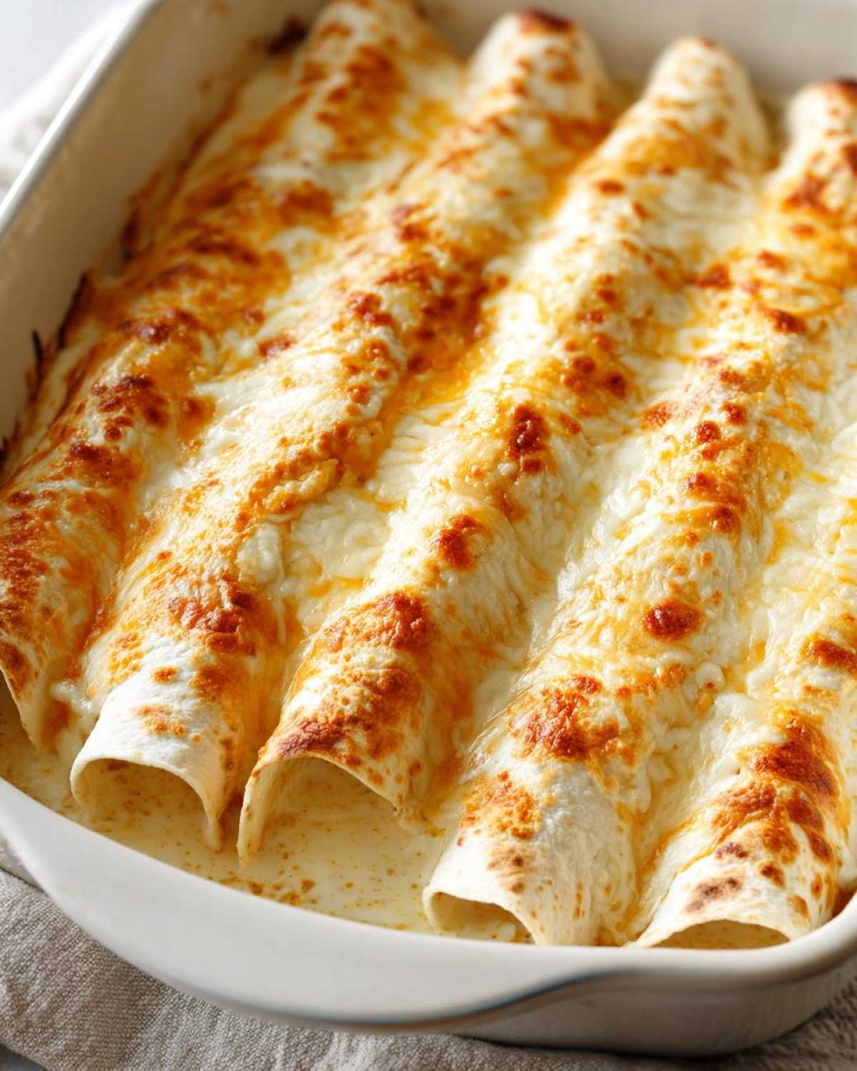 Close-up of baked white chicken enchiladas covered in melted, bubbly, and slightly browned cheese sauce.
