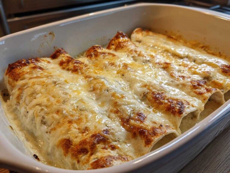 Close-up of freshly baked white chicken enchiladas covered in melted, bubbly, and slightly browned cheese sauce.