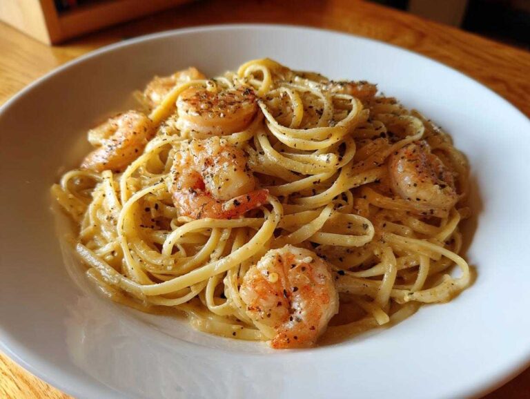 Close-up of delicious Garlic Butter Shrimp Pasta tossed in a creamy sauce and topped with seasoned shrimp.