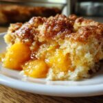 A close-up shot of a warm serving of Peach Cobbler with juicy peaches and a cinnamon-sugar topping.