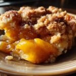 A close-up, mouth-watering serving of warm Peach Cobbler with a crumbly topping and juicy, bright orange peaches.