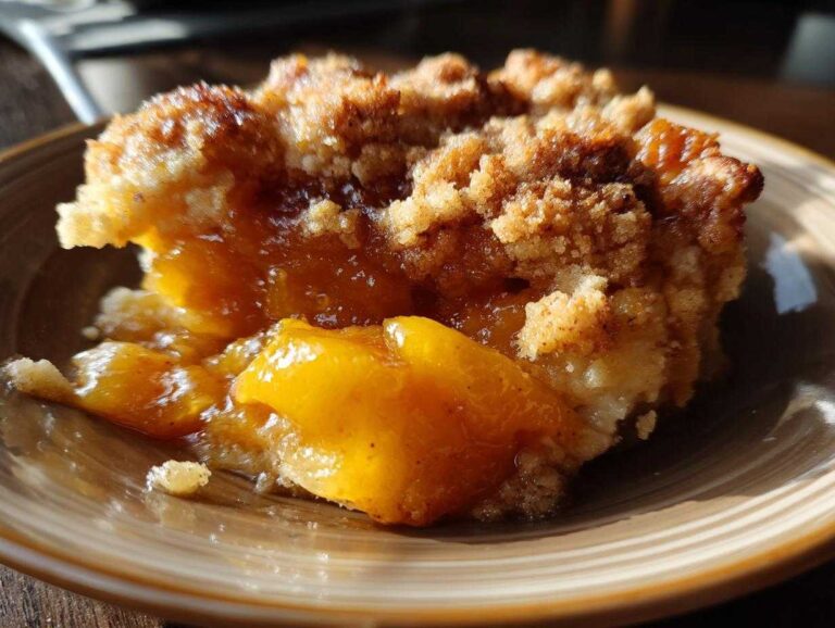 A close-up, mouth-watering serving of warm Peach Cobbler with a crumbly topping and juicy, bright orange peaches.