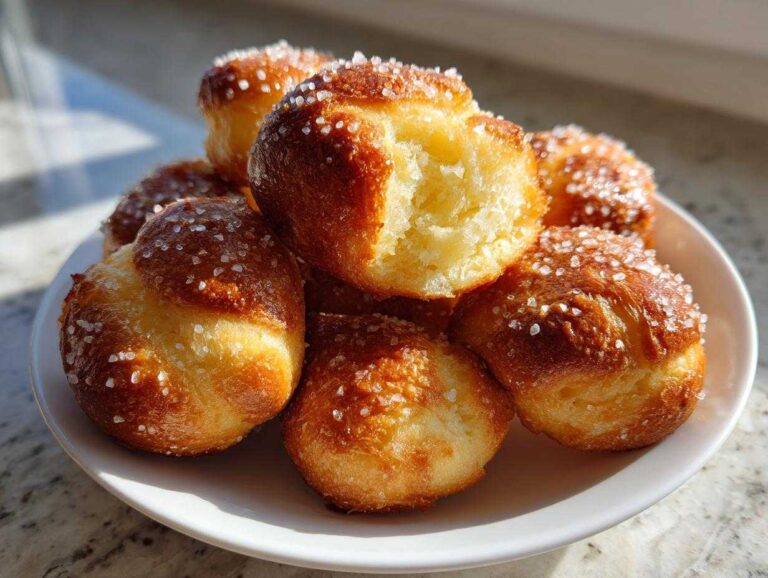 A stack of freshly baked Pretzel Bites on a white plate, glistening with coarse salt crystals.