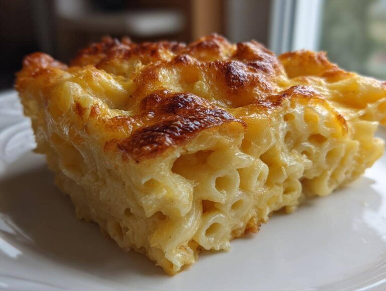 Close-up of a square slice of baked Chick-fil-A Mac and Cheese with a golden, bubbly crust.