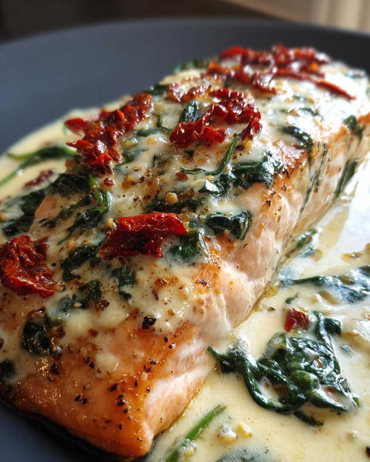 A close-up of a perfectly cooked fillet of Baked Marry Me Salmon covered in a creamy sauce with spinach and sun-dried tomatoes.