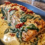 Close-up of a perfectly cooked Baked Marry Me Salmon fillet topped with creamy sauce, spinach, and sun-dried tomatoes.