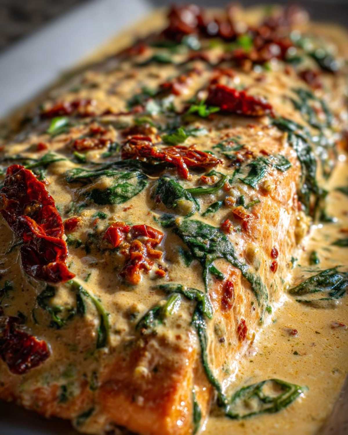A close-up of a rich fillet of Baked Marry Me Salmon covered in a creamy sauce with spinach and sun-dried tomatoes.