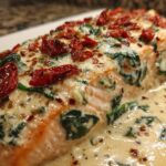 Close-up of a perfectly cooked fillet of Baked Marry Me Salmon covered in a creamy sauce with spinach and sun-dried tomatoes.