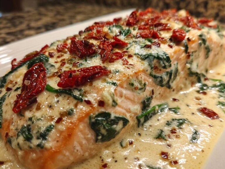Close-up of a perfectly cooked fillet of Baked Marry Me Salmon covered in a creamy sauce with spinach and sun-dried tomatoes.