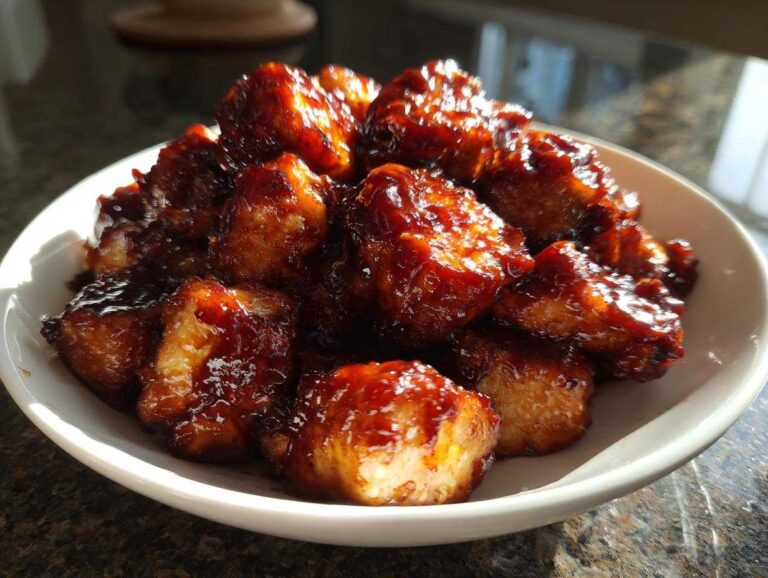 A close-up of glistening, saucy Bbq Chicken Bites piled high in a small white bowl.