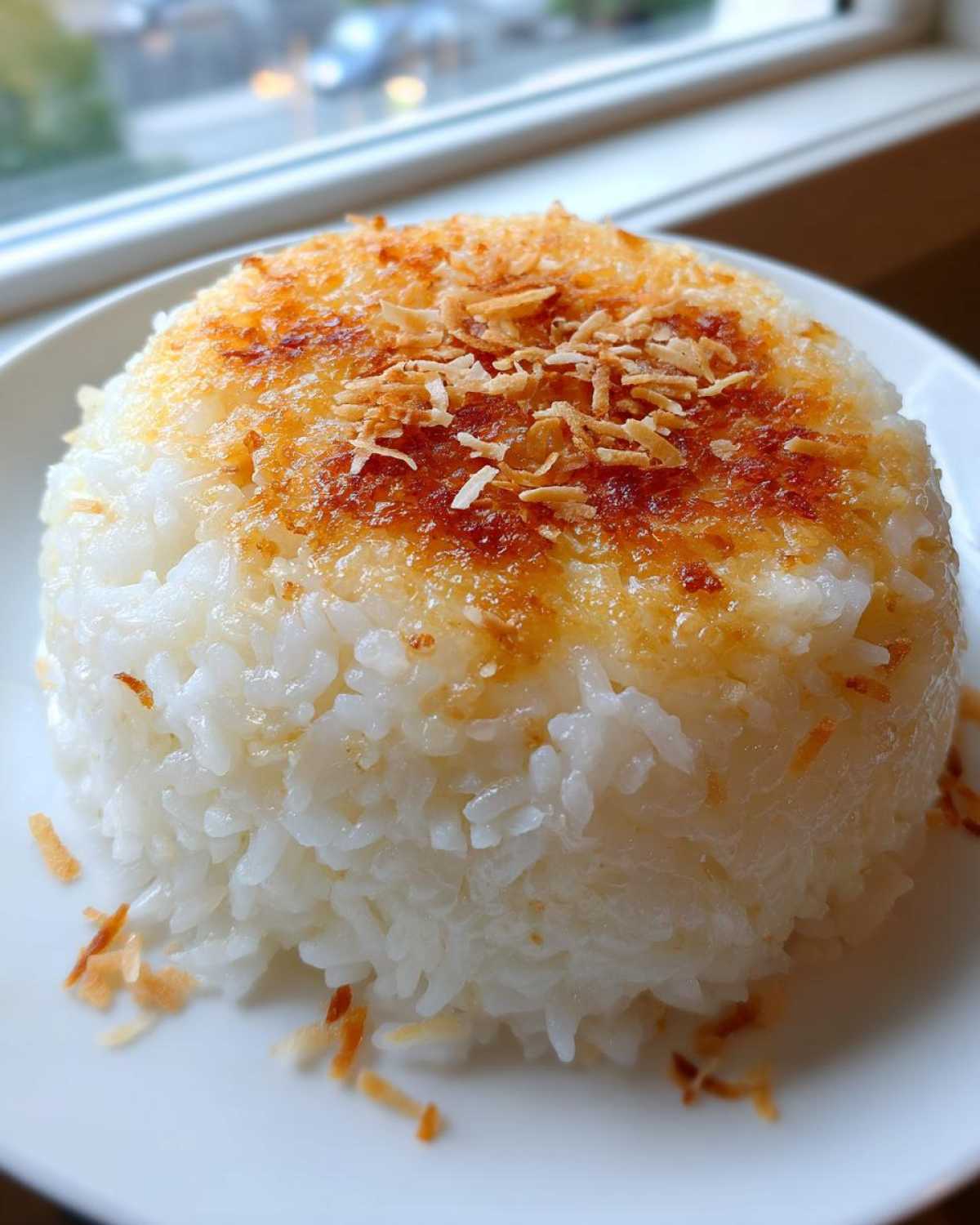 A perfectly molded mound of white rice topped with a golden, crispy crust and toasted coconut flakes, representing Bobby Flay's Crispy Coconut Rice.
