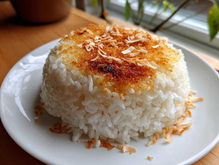 A perfectly molded serving of Bobby Flay's Crispy Coconut Rice with a golden-brown, toasted coconut crust on top.
