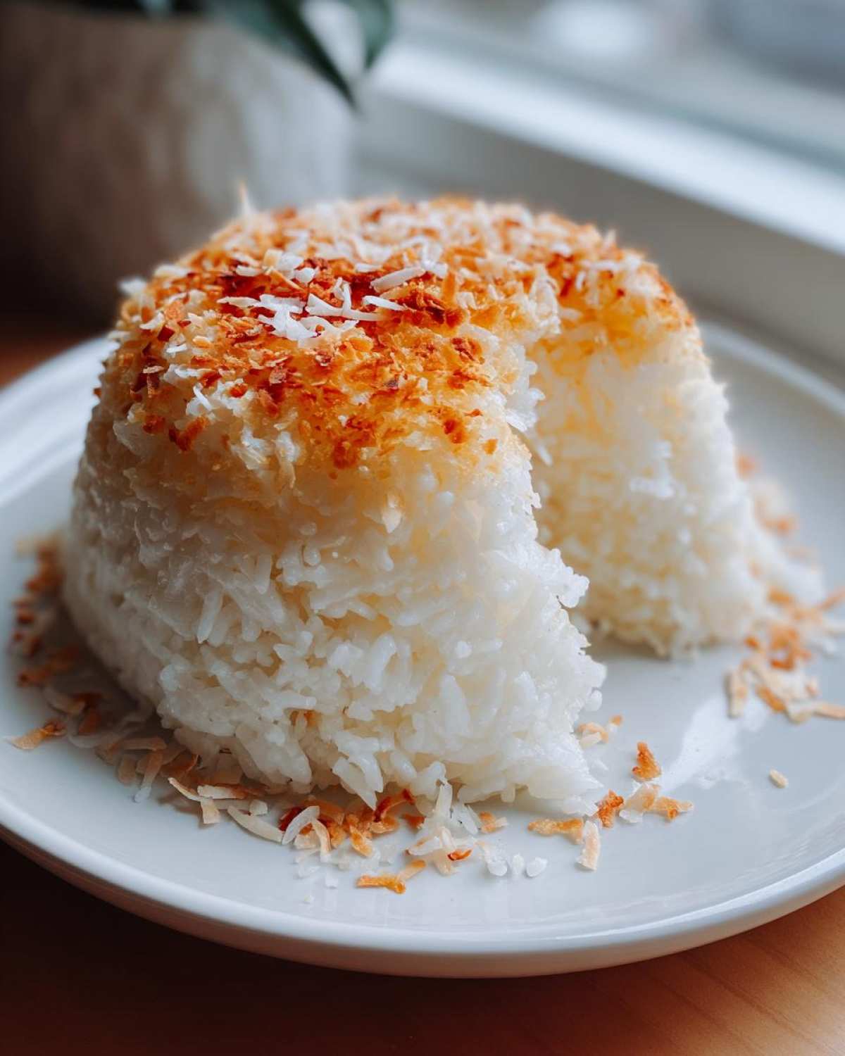 A molded serving of white rice topped generously with toasted flakes for Bobby Flay's Crispy Coconut Rice.
