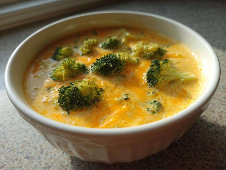 Close-up of a white bowl filled with creamy, orange Broccoli and Cheddar Soup, topped with bright green broccoli florets.