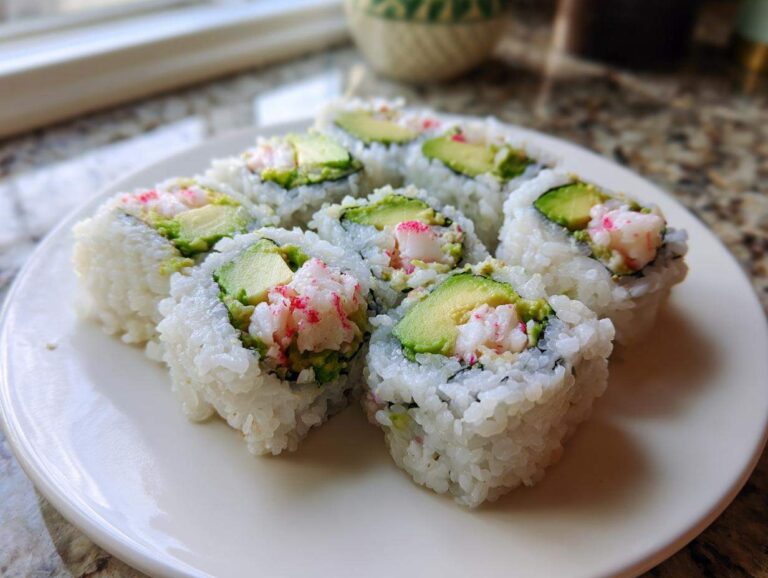 A close-up of several freshly cut pieces of California Sushi Roll arranged on a white plate.