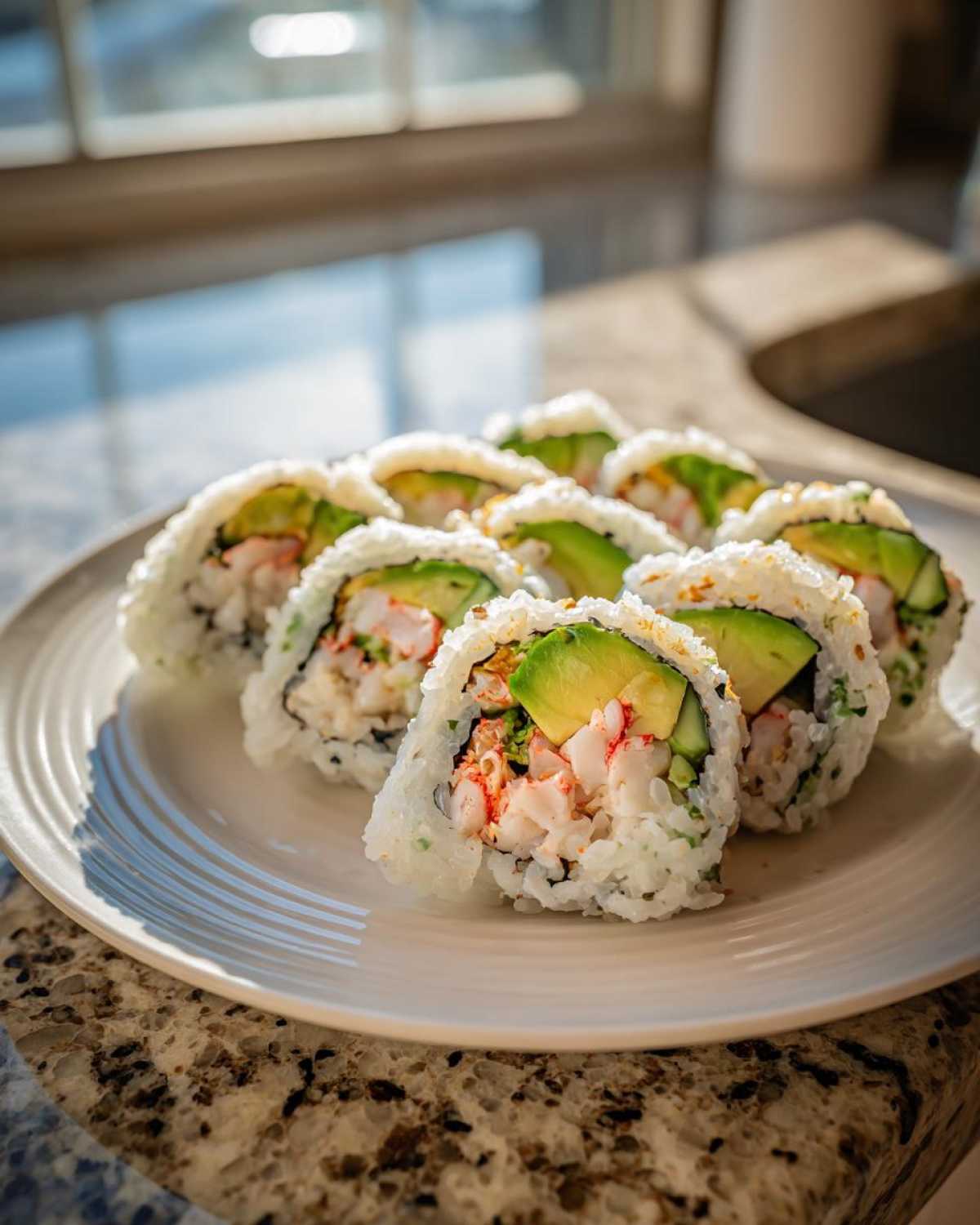 Close-up of several slices of California Sushi Roll, showing avocado, crab, and rice, served on a white plate.