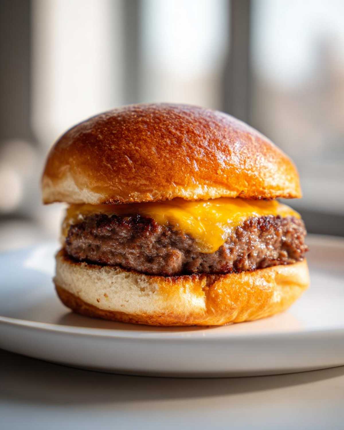 A close-up of a perfectly cooked Cheese-Stuffed Air Fryer Burger on a brioche bun with melted cheddar cheese.