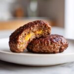 Close-up of two juicy Cheese-Stuffed Air Fryer Burgers, one cut open revealing molten cheddar cheese inside.