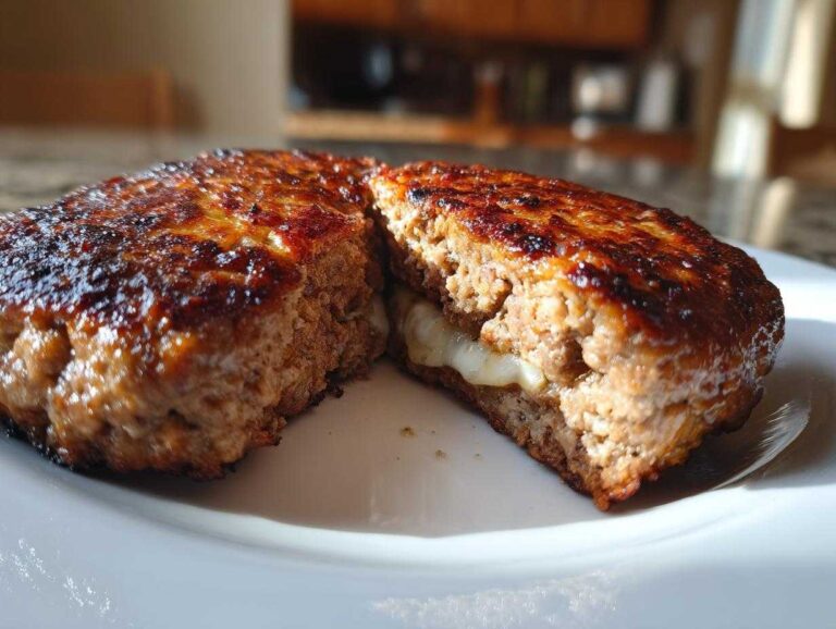 A juicy, perfectly cooked Cheese-Stuffed Air Fryer Burger cut in half showing melted cheese inside.