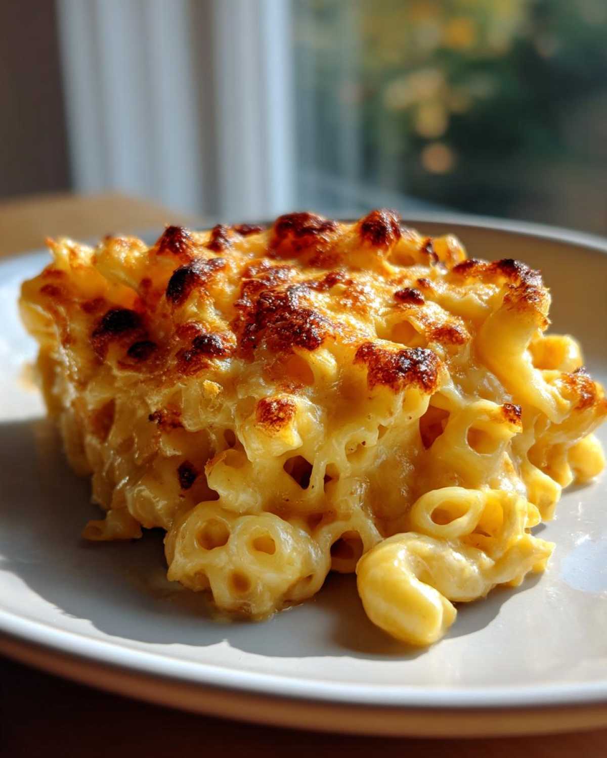 A close-up of a baked portion of creamy Chick-fil-A Mac and Cheese with a golden, slightly charred cheese topping.